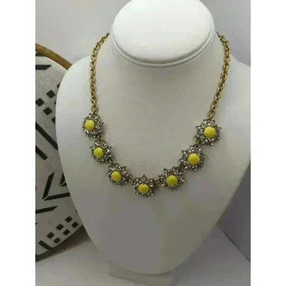 J Crew Gold Chain Yellow Flower Pendants Rhinestones Patina Statement Necklace - Picture 1 of 6
